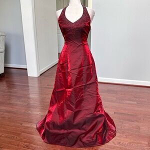 Vintage 2000s Masquerade Iridescent Red Beaded Embellished Halter Gown Dress